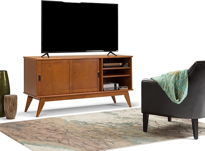 SIMPLIHOME Draper SOLID HARDWOOD 60 Inch Wide Mid Century Modern TV Media Stand in Teak Brown For TVs up to 65 Inches, For the Living Room and Entertainment Center - LeafyLoom