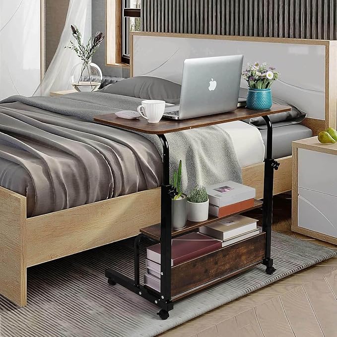 Adjustable Home Office Computer Desk Writing Desk with Storage Shelves Simple Style Workstation for Home Office Small Spaces Storage Table with Wheels Mobile Convenient Brownish, XY-1 - LeafyLoom