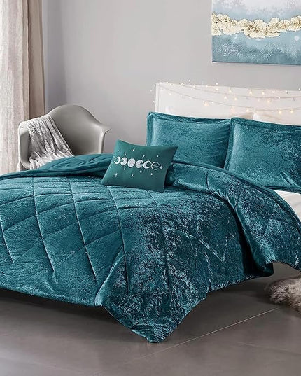 Intelligent Design Queen Comforter Set, Velvet Comforter Set , Luxury Diamond Quilting Comforter Set, Fluffy Comforter Bed Set with Decorative Pillowand 2 Shams, 4 Piece Teal, Full/Queen - LeafyLoom