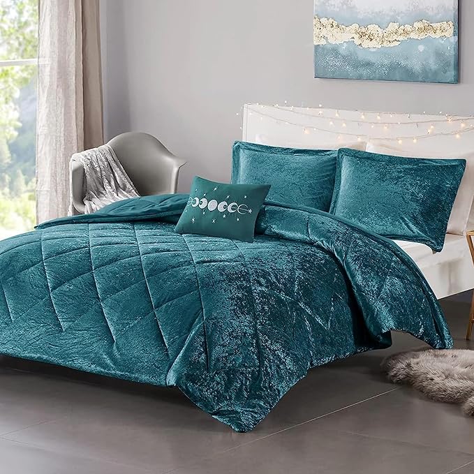 Intelligent Design Queen Comforter Set, Velvet Comforter Set , Luxury Diamond Quilting Comforter Set, Fluffy Comforter Bed Set with Decorative Pillowand 2 Shams, 4 Piece Teal, Full/Queen - LeafyLoom