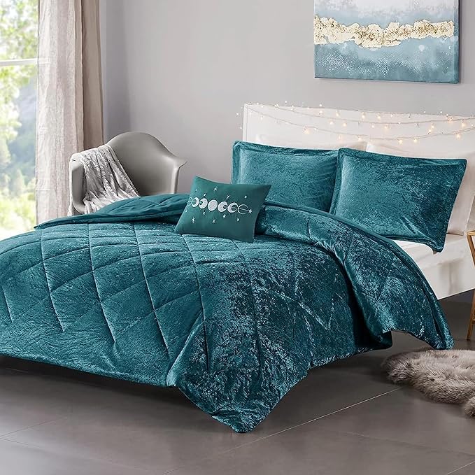 Intelligent Design Twin Comforter Set, Velvet Comforter Set , Luxury Diamond Quilting Comforter Set, Fluffy Comforter Bed Set with Decorative Pillowand 1 Sham, 3 Piece Teal, Twin/Twin XL - LeafyLoom