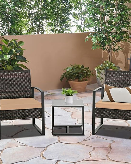3 Pieces Patio Furniture Set, Outdoor Patio Set, Patio Bistro Set, All-Weather Wicker Conversation Set with Cushions Table for Porch Backyard (Brown-Brown) - LeafyLoom