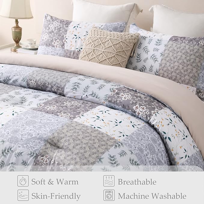 Whale Flotilla King Comforter Set, Soft Reversible Grey Bedding Comforter Set with Boho Pattern, 1 Micoriber Patchwork Comforter and 2 Pillow Shams, 3 Pieces - LeafyLoom