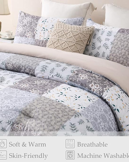 Whale Flotilla Queen Full Comforter Set, Soft Reversible Grey Bedding Comforter Set with Boho Pattern, 1 Micoriber Patchwork Comforter and 2 Pillow Shams, 3 Pieces - LeafyLoom