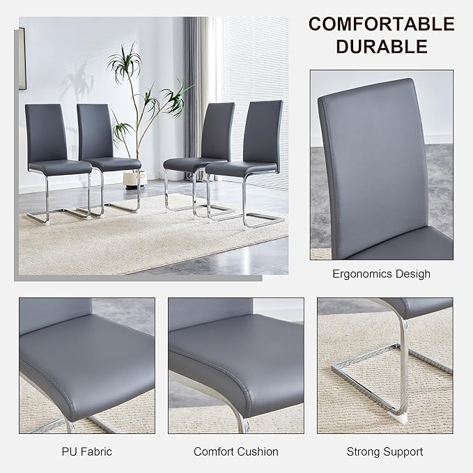 Modern Dining Chairs Set of 4, PU Faux Leather Backrest Cushioned Edge Chairs, Suitable for dining, kitchen, dressing table, terrace, Gray+PU - LeafyLoom
