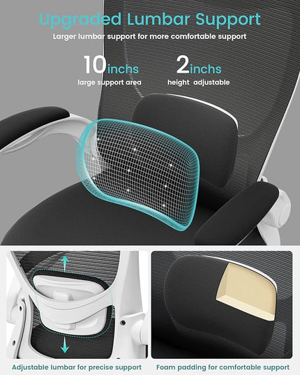 Office Chair, Ergonomic Desk Chair with Adjustable Lumbar Support and Flip up Armrest, Breathable Mesh Computer Chair for Home Office, White - LeafyLoom