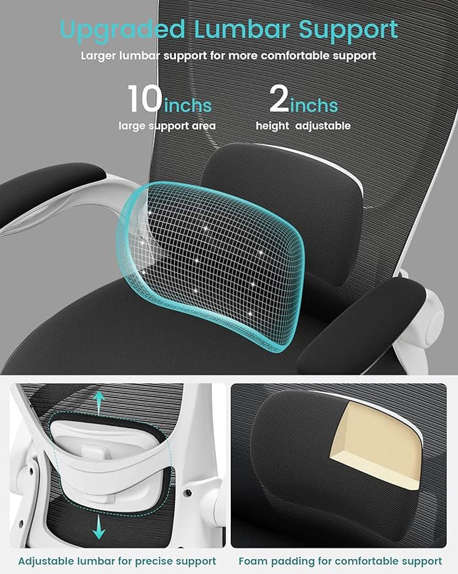 Office Chair, Ergonomic Desk Chair with Adjustable Lumbar Support and Flip up Armrest, Breathable Mesh Computer Chair for Home Office, White - LeafyLoom