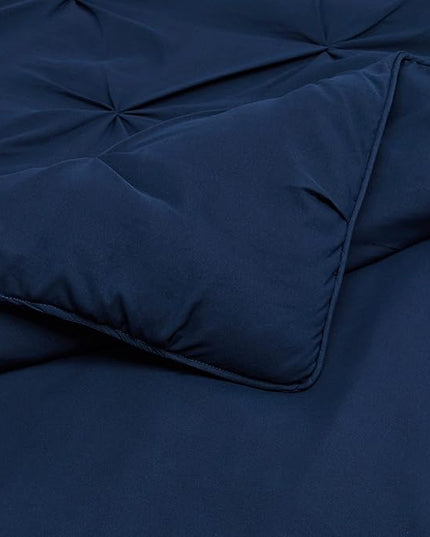 Amazon Basics All-Season Down-Alternative Comforter 3-Piece Bedding Set, Pinch Pleat, Full/Queen, Pinched Pleat With Piped Edges, Navy Blue - LeafyLoom