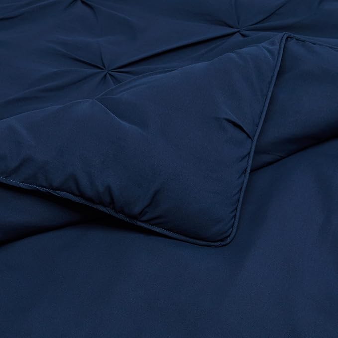Amazon Basics All-Season Down-Alternative Comforter 3-Piece Bedding Set, Pinch Pleat, Full/Queen, Pinched Pleat With Piped Edges, Navy Blue - LeafyLoom
