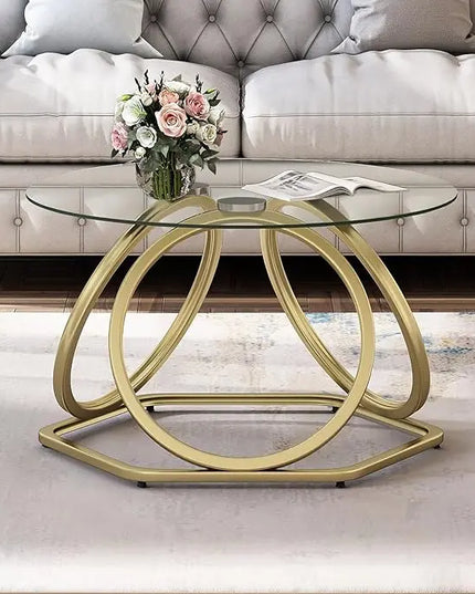 O&K FURNITURE Gold Coffee Table, Modern Glass Coffee Table Living Room Table with Hexagonal Base, Round Coffee Table for Home&Office, Gold Finish, 1 PC… - LeafyLoom