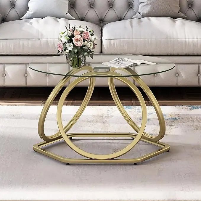 O&K FURNITURE Gold Coffee Table, Modern Glass Coffee Table Living Room Table with Hexagonal Base, Round Coffee Table for Home&Office, Gold Finish, 1 PC… - LeafyLoom