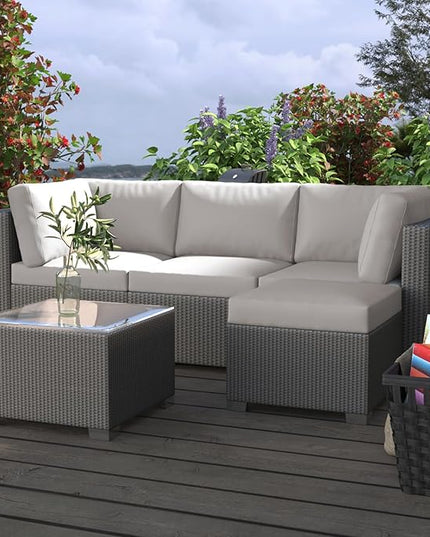 GAOMON 5-Piece Outdoor Patio Rattan Wicker Sofa Set, Pe Rattan Conversation Sectional with Thickened Back Cushion, Glass Tabletop, Ottoman - Ideal for Courtyard Space, Light-grey - LeafyLoom