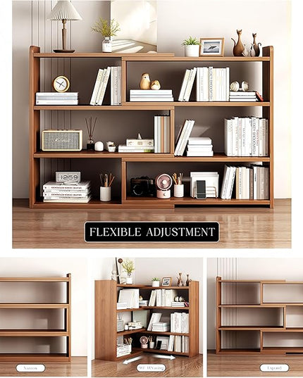 4-Tier Wooden Bookshelf, Expandable 25-47 inch Wide Bookcase, Modern Freestanding Bookcas for Small Space or Corner (Natural) - LeafyLoom