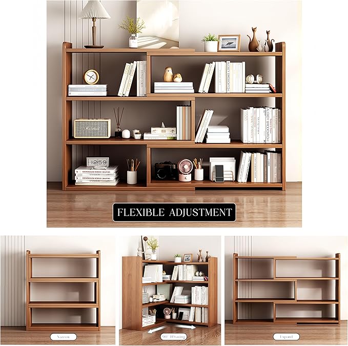 4-Tier Wooden Bookshelf, Expandable 25-47 inch Wide Bookcase, Modern Freestanding Bookcas for Small Space or Corner (Natural) - LeafyLoom