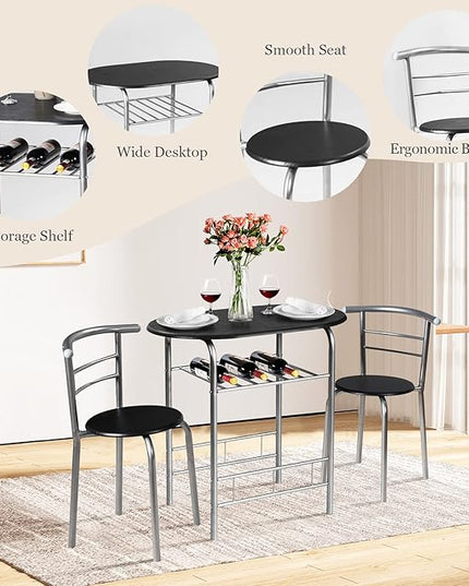 DORTALA 3PCS Dining Table Set, 1 table & 2 chairs set, 3 Piece Compact Dining Set, Oval Table & Mid-back Chairs w/Built-in Wine Rack, Suitable for Small Space, Black & Silver - LeafyLoom