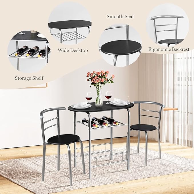 DORTALA 3PCS Dining Table Set, 1 table & 2 chairs set, 3 Piece Compact Dining Set, Oval Table & Mid-back Chairs w/Built-in Wine Rack, Suitable for Small Space, Black & Silver - LeafyLoom