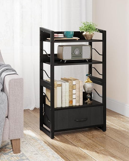 Small Bookshelf with Drawer: 4-Tier Wood Book Shelf Industrial Narrow Bookcase Storage Organizer Metal Stackable Shelves for Desktop Bedroom Living Room Home Office (Black) - LeafyLoom