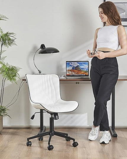 YOUTASTE Office Chair Modern Armless Desk Chair, Height Adjustable Swivel Rocking Computer Task Chair, Faux Leather Sewing Chairs with Wheels, Stylish Lounge Vanity Chair,White - LeafyLoom