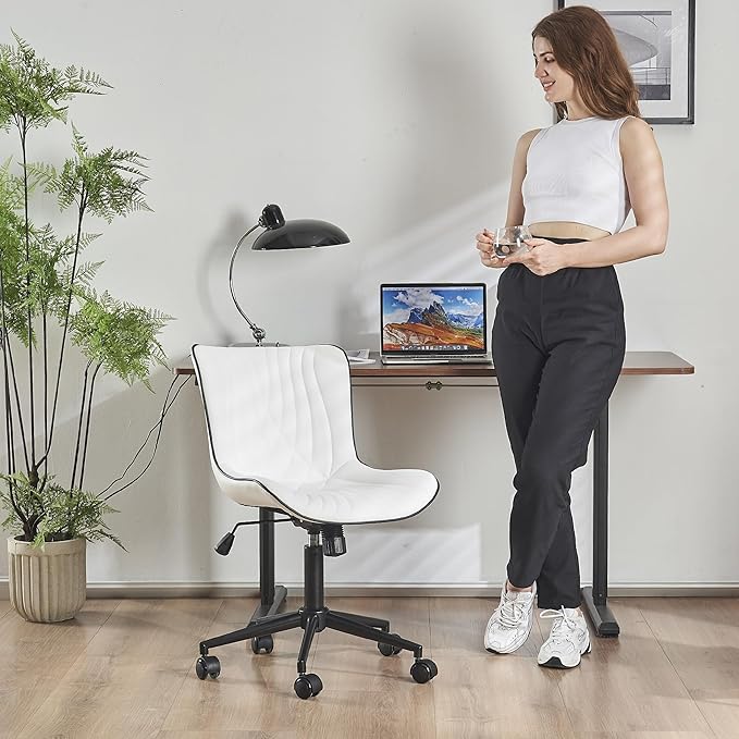 YOUTASTE Office Chair Modern Armless Desk Chair, Height Adjustable Swivel Rocking Computer Task Chair, Faux Leather Sewing Chairs with Wheels, Stylish Lounge Vanity Chair,White - LeafyLoom