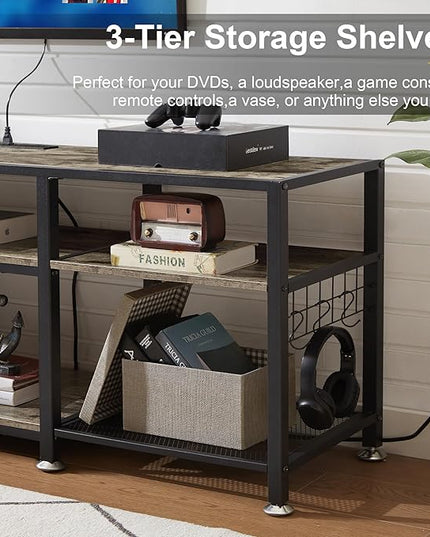VECELO TV Stand with Power Outlets for Televisions Up to 75 Inch, Industrial Entertainment Center with 3-Tier Open Storage Shelves & 6 Hooks for Living, Bedroom and Gaming Room, 70 Inch, Rustic Grey - LeafyLoom