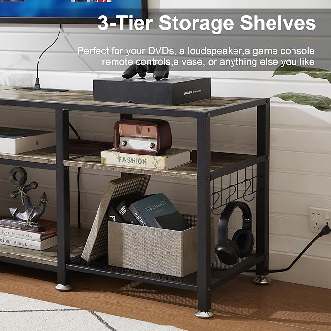 VECELO TV Stand with Power Outlets for Televisions Up to 70 Inch, Industrial Entertainment Center with 3-Tier Open Storage Shelves & 6 Hooks for Living, Bedroom and Gaming Room, 63 Inch, Rustic Grey - LeafyLoom