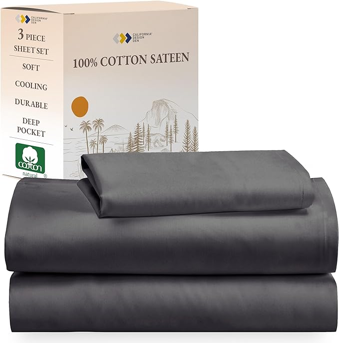 California Design Den Soft 100% Cotton Sheets Twin-XL Size Bed Sheet Sets with Deep Pockets, 3 Pc Extra Long Twin Sheets with Sateen Weave, Cooling Sheets (Grey) - LeafyLoom