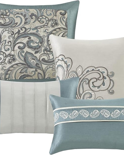 Madison Park 24 Piece Faux Silk Paisley Queen Comforter Set with Matching Curtains, Down Alternative Hypoallergenic - Teal - LeafyLoom