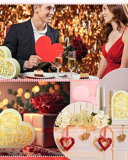 Valentine's Day LED Wooden Heart Light Sign 7 inch Light Up Heart Table Block Love Wood Lantern Shadow Box Gnome Shaped Tabletop Centerpiece for Wedding Engagement Shelf Desk Decoration - LeafyLoom