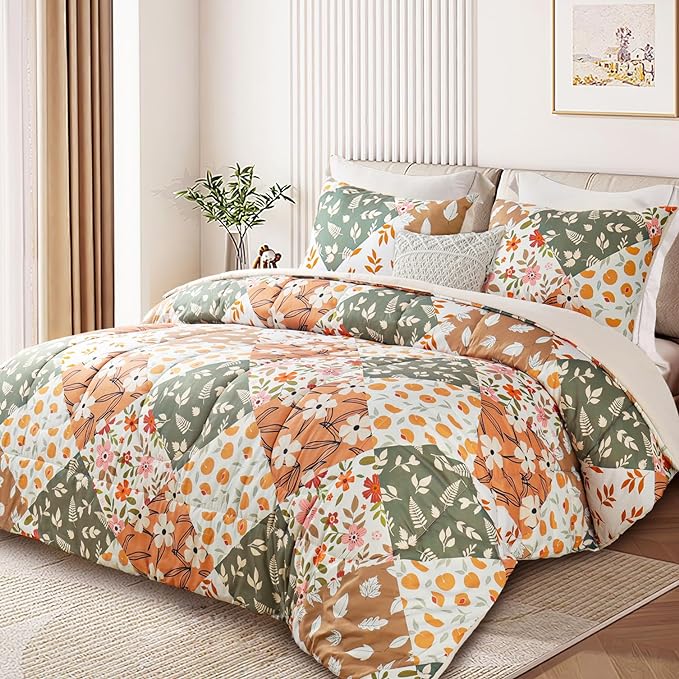 Whale Flotilla Queen Full Comforter Set, Soft Reversible Orange and Beige Bedding Comforter Set with Boho Pattern, 1 Micoriber Patchwork Comforter and 2 Pillow Shams, 3 Pieces - LeafyLoom