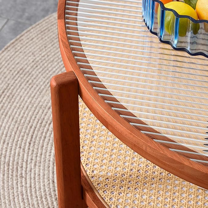 35'' Modern Round Coffee Table with Textured Glass Tabletop, 2 Tier Center Table for Living Room with Rattan Woven Storage Shelf, Wood Frame Natural Wood Coffee Table, Walnut - LeafyLoom