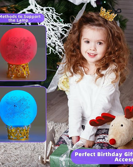 Moon Lamp, 3.9 Inch 3D Moon Night Light Gifts for 3 4 5 6 7 8 9 10 11 12 13+ Year Old Girls Birthday, Unicorn Gifts for Girls Age 3 4 5 6-8+ 16 Colors with Crown Stand & Remote Control - LeafyLoom