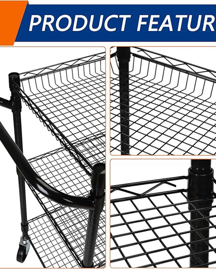 3 Tier Heavy Duty Rolling Utility Cart,18"D x 23.8"W x 36.6"H Rolling Carts with Wheels,Commercial Grade Metal Cart with Handle Bar & Shelf Liner,Trolley Serving Storage Cart for Kitchen Black - LeafyLoom