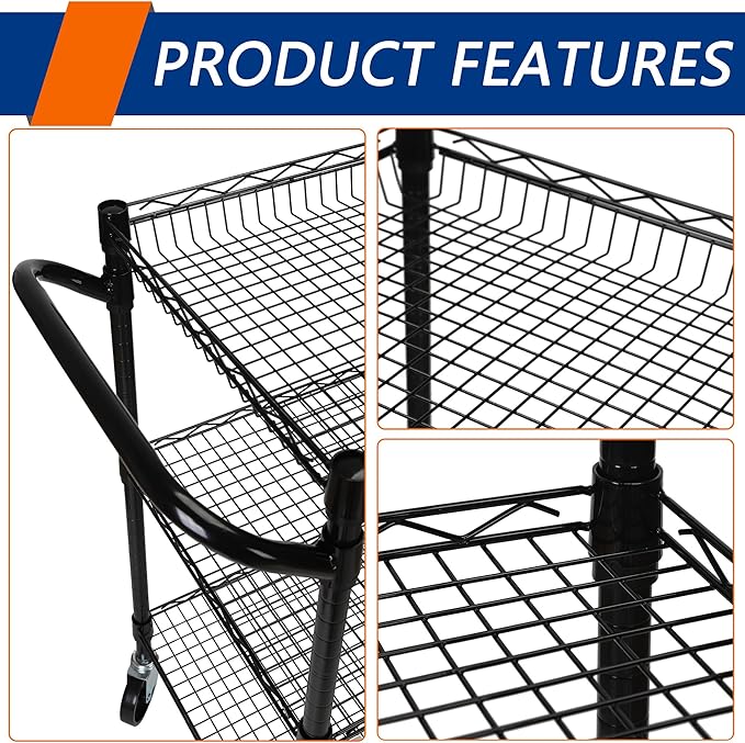 3 Tier Heavy Duty Rolling Utility Cart,18"D x 23.8"W x 36.6"H Rolling Carts with Wheels,Commercial Grade Metal Cart with Handle Bar & Shelf Liner,Trolley Serving Storage Cart for Kitchen Black - LeafyLoom