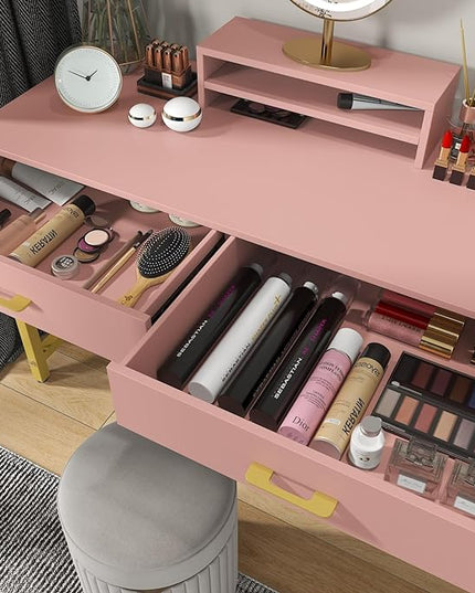 WESTREE Women Makeup Vanity Desk with 2 Drawers - Bedroom Home Office Desk, Wooden Height Monitor Stand & Storage Shelf without Mirror, Pink Table Great Gift for Her - LeafyLoom