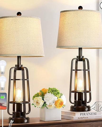 28.7" Farmhouse Table Lamps for Living Room Set of 2, 3-Way Dimmable Touch Lamps with USB A+C Ports, Rustic Industrial Nightstand Lamps for Bedroom, Bulbs Included - LeafyLoom
