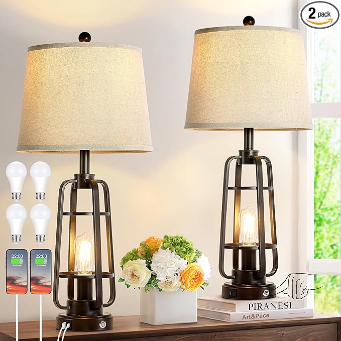 28.7" Farmhouse Table Lamps for Living Room Set of 2, 3-Way Dimmable Touch Lamps with USB A+C Ports, Rustic Industrial Nightstand Lamps for Bedroom, Bulbs Included - LeafyLoom