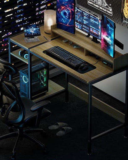 Small Computer Gaming Desk - 47” Home Office Desk with Storage, Monitor Stand for 2 Monitors, Adjustable Storage Space, Writing,Modern Design Corner Table, Beech. - LeafyLoom