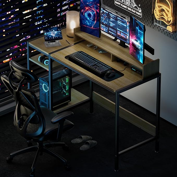 Small Computer Gaming Desk - 47” Home Office Desk with Storage, Monitor Stand for 2 Monitors, Adjustable Storage Space, Writing,Modern Design Corner Table, Beech. - LeafyLoom