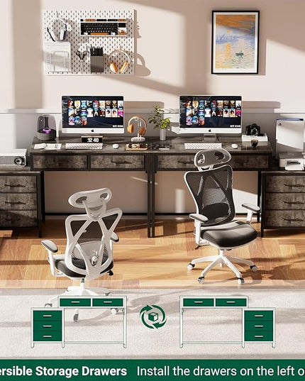Unikito Computer Desk with 5 Drawers, Reversible Home Office Desk with Power Outlets, Sturdy Writing Desk with File Cabinet and Printer Stand, Vanity Desk with Storage for Small Space, Black Oak - LeafyLoom