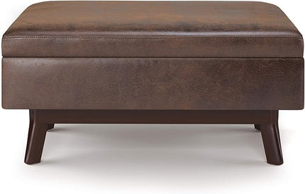 SIMPLIHOME Owen 36 Inch Wide Mid Century Modern Rectangle Small Rectangular Storage Ottoman in Distressed Chestnut Brown Faux Leather, For the Living Room, Entryway and Family Room - LeafyLoom