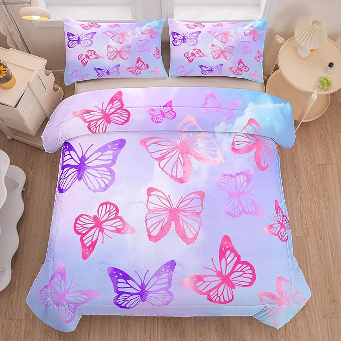 Tailor Shop Butterfly Comforter Sets King Size,Purple Butterfly Bedding Sets for Girls Kids Teens with 2 Pillowcase… - LeafyLoom