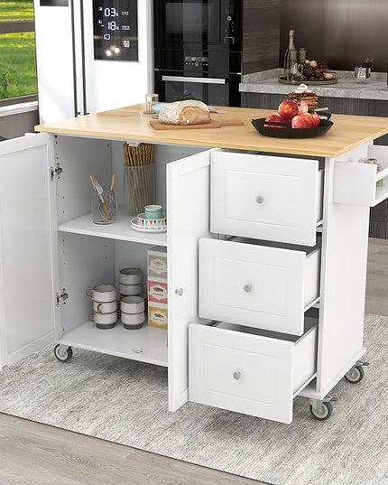 52.7 Cart with Wood Top and Drop Leaf Breakfast Bar, Rolling Mobile Island Towel Rack,Large Storage Cabinet Kitchen Table for Dinning Room, White, 52.76 Inch - LeafyLoom