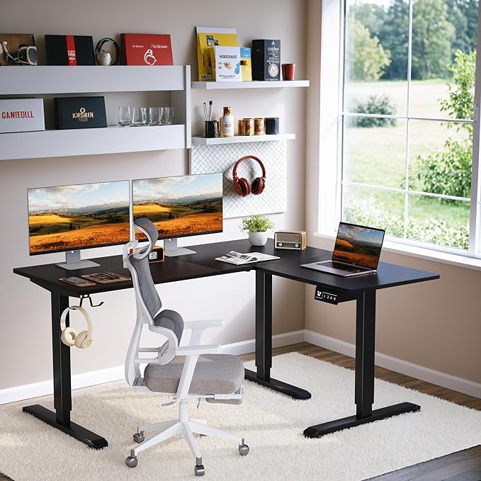 L-Shaped Electric Standing Desk, 63 x 48 Inches Height Adjustable Coner Table, Home Office Computer Workstation, Black, 63 x 48 Inch - LeafyLoom