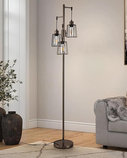 Dimmable Floor Lamp, Tall Floor Lamps for Living Room Bright Lighting, Standing Tree Floor Lamp with 3 Elegant Teardrop Cage Head, Farmhouse Industrial Floor Lamp for Bedroom Office(Brown) - LeafyLoom