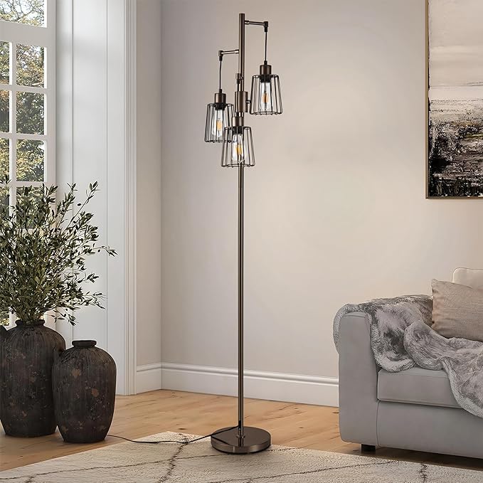 Dimmable Floor Lamp, Tall Floor Lamps for Living Room Bright Lighting, Standing Tree Floor Lamp with 3 Elegant Teardrop Cage Head, Farmhouse Industrial Floor Lamp for Bedroom Office(Brown) - LeafyLoom