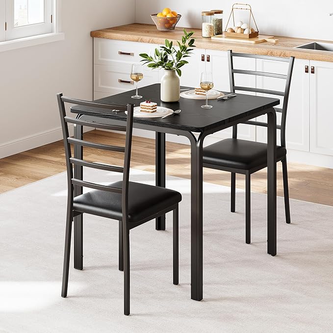 IDEALHOUSE Dining Table for 2, Small Table and Chairs Set of 2, Dinette Set for 2, Square Dinner Table Set, 3 Piece Kitchen & Dining Room Sets for Small Space (Black, Dining Table with 2Chairs) - LeafyLoom