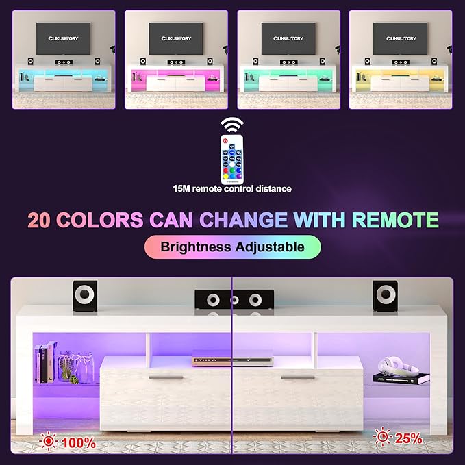 Clikuutory Modern LED 63 inch Long TV Stand with Large Storage Drawer for 50 55 60 65 70 75 Inch TVs, White Wood TV Console with High Glossy Entertainment Center for Living Room, Bedroom, White - LeafyLoom