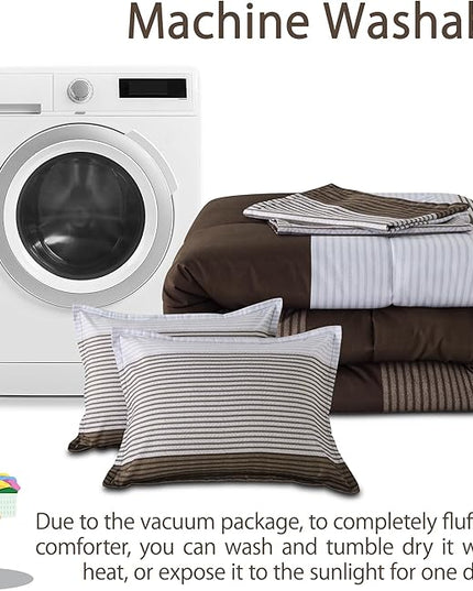 Andency Stripe Comforter Set Twin Size (66x90 Inch), 2 Pieces Brown Patchwork Striped Comforter, Soft Microfiber Down Alternative Comforter Bedding Set with Corner Loops - LeafyLoom