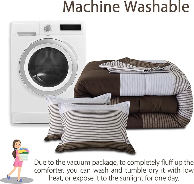 Andency Stripe Comforter Set King Size (104x90 Inch), 3 Pieces Brown Patchwork Striped Comforter, Soft Microfiber Down Alternative Comforter Bedding Set with Corner Loops - LeafyLoom