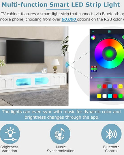 Merax TV Stand for Televisions Up to 95'', Functional Media Console with APP-Controlled Smart LED Light, Arched Cabinet Doors and Fluted Glass Doors, Entertainment Center, for Living Room, White - LeafyLoom